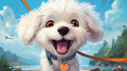 Charming smiling cartoon Havana bichon on the background of the lake. Fantasy concept , Illustration painting. Generative Ai