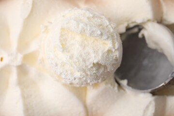 Scoop of delicious vanilla ice cream as background, closeup