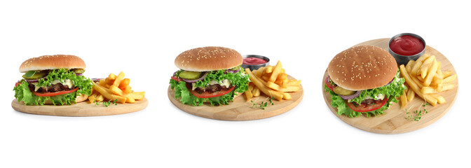 Collage with delicious burger and French fries on white background