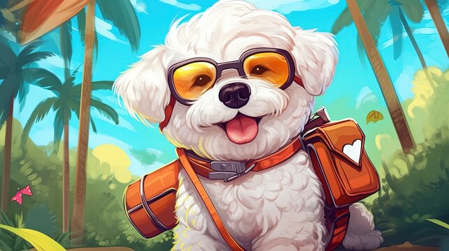Adorable smiling cartoon havana bichon traveller in sunglasses on the background of the lake. Fantasy concept , Illustration painting. Generative Ai