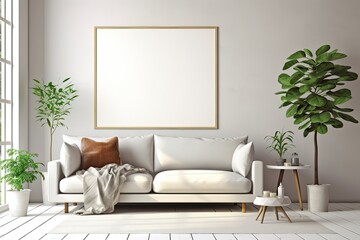 Decorated Scandinavian room with white plank flooring, cozy sofa, and indoor plants. Isolated Empty Frame Over Sofa for Interior Mockups and Art & Print Mockups. Generative AI