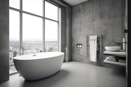 Idea for a concrete panoramic bathroom. A white bathtub, a sink, and concrete walls and floors. Model of a shower stall Generative AI