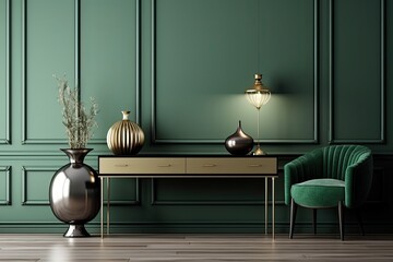 Elegant interior design for a living room featuring a console, a candlestick, a gemstone, and chic jewelry. Copy space Template. Generative AI