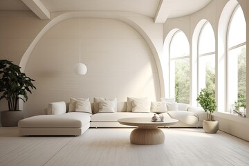 spacious, lavish, and light interiors digitally generated image of a living room mockup with a circle frame Generative AI