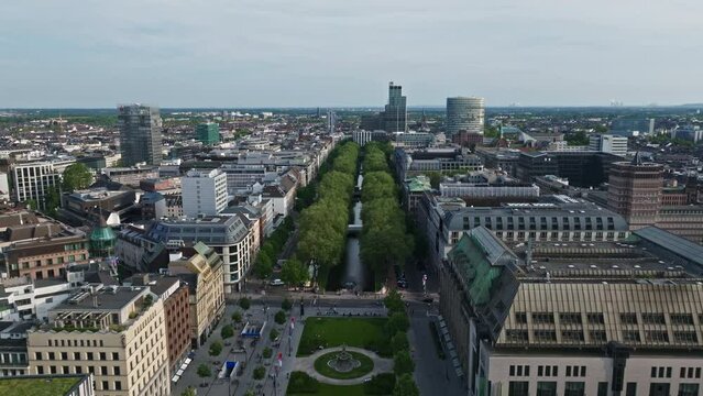 Drone shot of The K&ouml;nigsallee (King's Avenue), it is an urban boulevard in D&uuml;sseldorf, state capital of North Rhine-Westphalia, Germany.  
