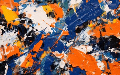 an abstract painting that has a blend of orange, yellow, white, red and blue