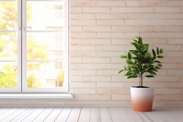 showcasing an interior Scandinavian kitchen through a white window with a potted plant on an exterior brick wall, on a blank background with copy space, Generative AI