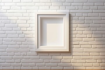 on a wall of white bricks, one wooden frame. mockup of a painted wooden frame. Interior is empty. create an interior. For use in business. Pass anywhere frame. Blank. Brick wall shadow Generative AI