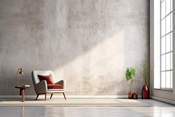 Living room interior mockup with carpet, white chair, and curtain. Blank gray concrete wall. Generative AI - obrazy, fototapety, plakaty
