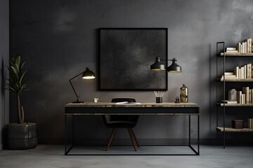 Interior of a dark office with a laptop on the desk, a shelf holding decorations, and a divider on a floor of grey concrete. square canvas poster mockup. Generative AI
