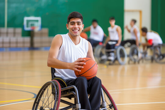 Latino young disabled man playing basketball, wheelchair, disability, sports, active, happy, smiling, generative ai