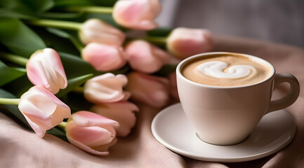 Fototapeta na wymiar Cup of Coffee with Milk and Tulips Generative by AI