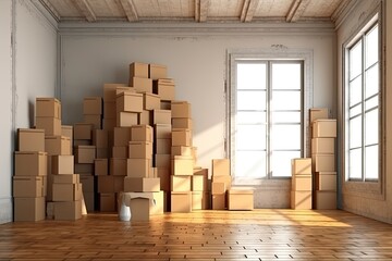 On the wooden floor are stacks of cardboard boxes and a blank poster. looking up. Concept for renovation ideas. a mockup Generative AI