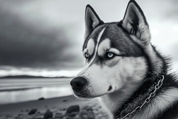 beautiful husky head in black white created with Generative AI technology