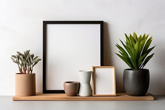 Create a mockup of a black square frame with various indoor plants. White wall with a wood shelf. Copy space Generative AI