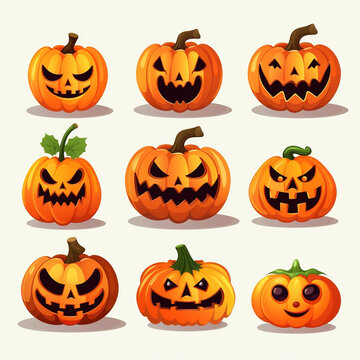 Set of 9 various halloween pumpkin faces icon flat vector art isolated on white background. Minimal cartoon with solid color and bold outline art style. Digital illustration generative AI.