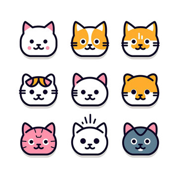 Set of 9 various cute cat faces icon flat vector art isolated on white background. Minimal cartoon with solid color and bold outline art style. Digital illustration generative AI.