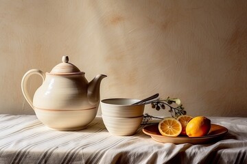 Elegant minimalistic still life with dishes on a striped tablecloth or napkins and a jug with branches on a wooden table in front of a beige wall. Generative AI