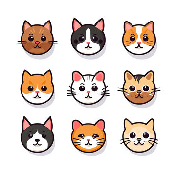 Set of 9 various cat faces icon flat vector art isolated on white background. Minimal cartoon with solid color and bold outline art style. Digital illustration generative AI.