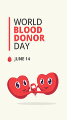 world blood donor day Background with the love heart character gives a blood bag to his friend. Suitable to place on content with that theme. Vector file every object is on separated layer