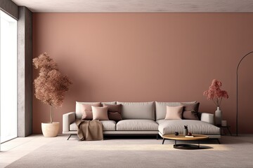 Warm interior design space with an empty wall mockup and a cozy living room design. Generative AI