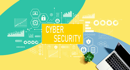Cyber security theme with a laptop computer on a yellow, green and blue pattern background
