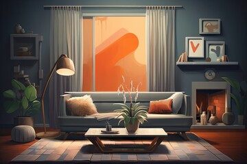 The word "MY HOME" is displayed with the letter "O" like a comfy home with an abstract interior using warm hues on a grey background. illustration. Generative AI