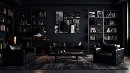 Dark room with simple black picture frames, a carpet, a sofa, a chair, and a bookshelf. Black is the background of a poster. Generative AI