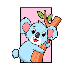 Cute koala cartoon is resting on a tree trunk with a pink frame.perfect for accessories children, screen printing clothes and others 