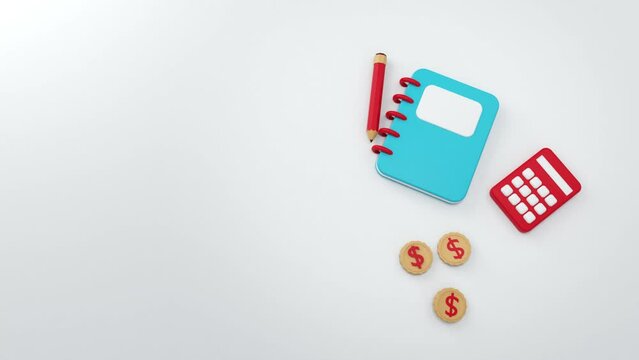 Financial planning kit on a white background. Includes a blue notebook, red pencil, red calculator, and three gold coins with dollar signs.