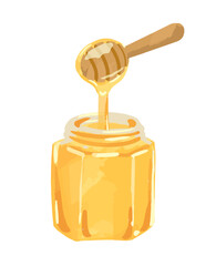 水彩風ハニーディッパーから垂れるはちみつとビン入りはちみつ  © greentea