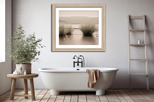 a mockup picture frame on a lovely wall over the bathtub in the bathroom with a planter, furnished with cozy furnishings on a wooden floor, Generative AI