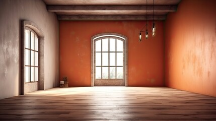 Mockup of a home's interior with a colored wall in the vacant room and wooden floors. Generative AI