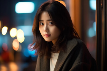 Obraz premium Japanese female office worker working in an office at night. Generative AI