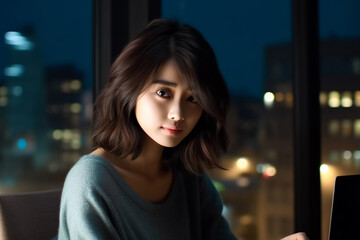 Obraz premium Japanese female office worker working in an office at night. Generative AI