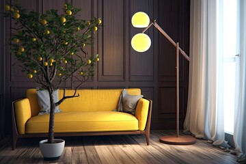 Interior of a living room with a sofa and armchair made of white fabric, a floor lamp, and a lemon tree in a vase on a wooden coffee table. Generative AI