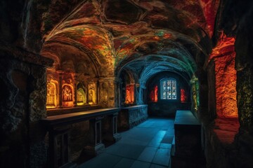 Fototapeta na wymiar an old chapel built of stone with colorful lighting created with Generative AI technology