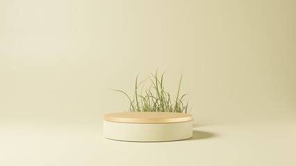 Beige empty podium or pedestal for product presentation, showcase of beauty and cosmetics product. Round mockup platform on beige background. 3d rendering