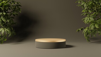 Gold empty podium or pedestal for product presentation, showcase of beauty and cosmetics product. Round mockup platform on black background. 3d rendering