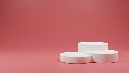 White empty podium or pedestal for product presentation on three floors, showcase for product. White mockup platforms on pink background. 3d rendering