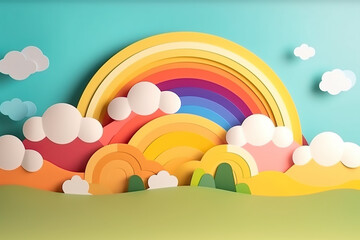 Rainbow landscape and cloudy rainy season illustration. Generative Ai 