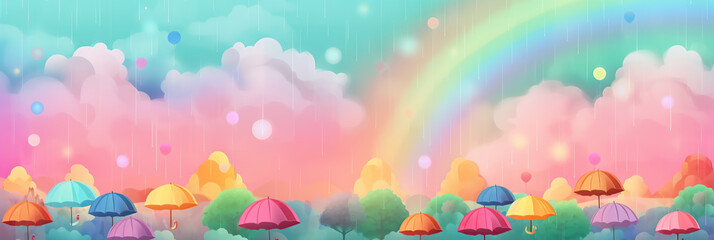 Fototapeta na wymiar Umbrella and cloudy rainbow banner. Generative Ai