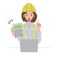 座ってデスクでノートPCを開いて電卓を持ってこちらに向けて見せている工事現場の女性