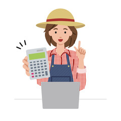 座ってデスクでノートPCを開いて電卓を持ってこちらに向けて見せている農家の女性