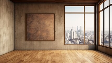 On the concrete wall of the room with the wooden floor and the city view is a picture frame that is empty. a mockup Generative AI