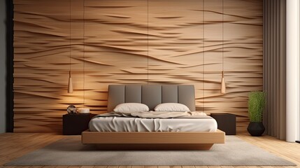 Close-up of a wood panel in a contemporary-colored bedroom with a single bed and parquet flooring. Zen-inspired minimalist interior design concept, modern architectural model, Generative AI