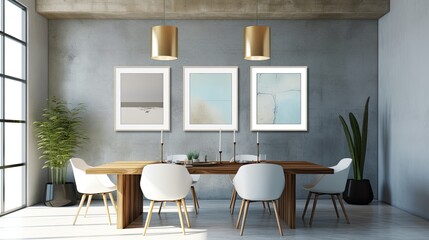 Fototapeta premium A modern dining room's d�cor features two vertically aligned blank posters on a blue concrete wall. clipping the poster's perimeter. Generative AI