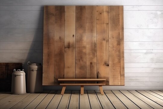 Business mock up presentation design with a blank wood board resting against a concrete wall and a wooden plank floor in a perspective room. Generative AI