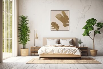 Interior of a white bedroom with a double bed, a tree in a pot, a white-framed poster in the corner, and a wooden floor. a mockup Generative AI