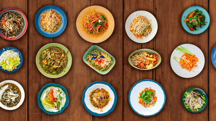 Different Thai food from top view on wooden table - generative ai